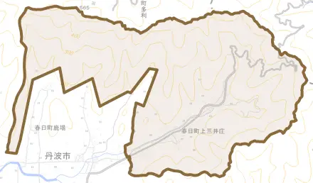 春日町上三井庄とその周辺の地図。町の範囲を重ねている