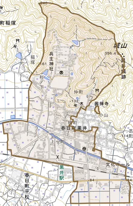 春日町黒井とその周辺の地図。町の範囲を重ねている