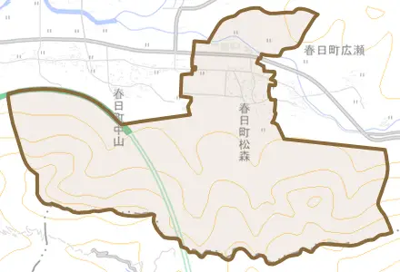 春日町松森とその周辺の地図。町の範囲を重ねている