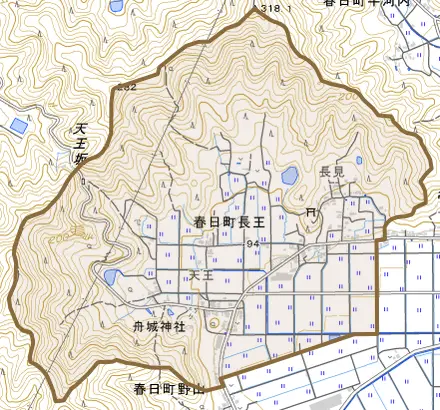 春日町長王とその周辺の地図。町の範囲を重ねている