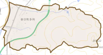 春日町多利とその周辺の地図。町の範囲を重ねている