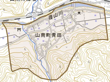 山南町青田とその周辺の地図。町の範囲を重ねている