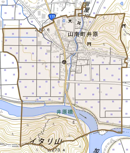 山南町井原とその周辺の地図。町の範囲を重ねている