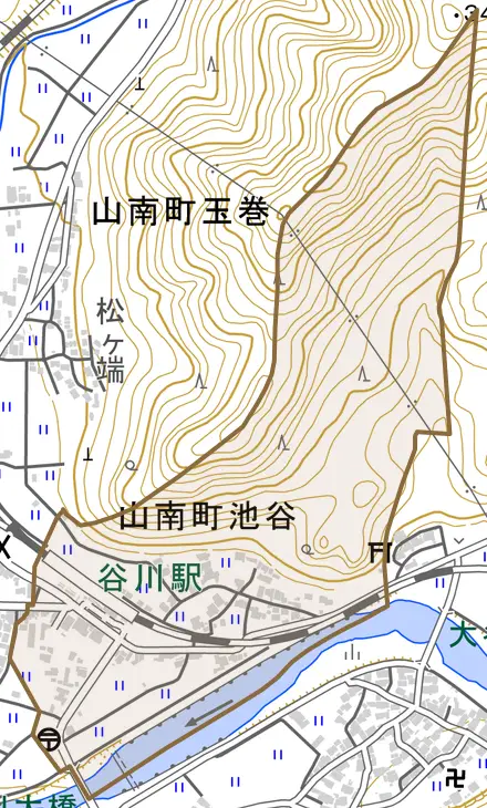 山南町池谷とその周辺の地図。町の範囲を重ねている