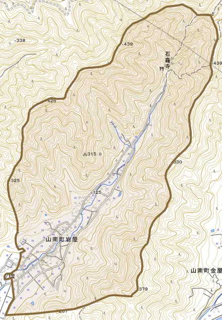 山南町岩屋とその周辺の地図。町の範囲を重ねている