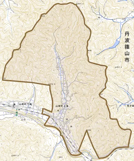 山南町上滝とその周辺の地図。町の範囲を重ねている