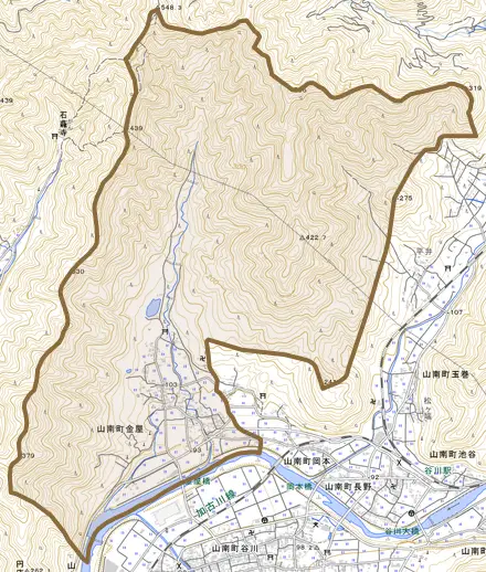 山南町金屋とその周辺の地図。町の範囲を重ねている