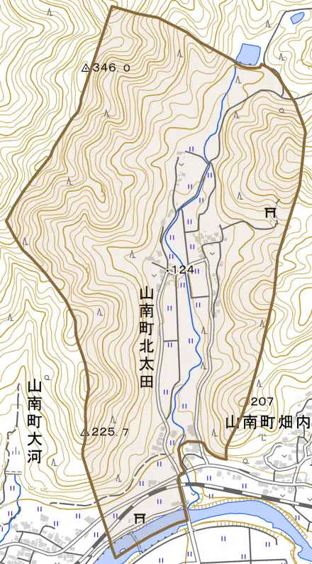 山南町北太田とその周辺の地図。町の範囲を重ねている