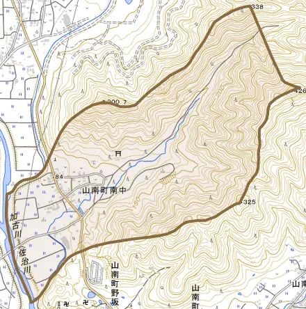 山南町南中とその周辺の地図。町の範囲を重ねている