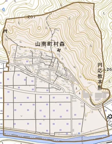 山南町村森とその周辺の地図。町の範囲を重ねている