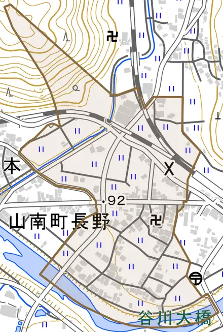 山南町長野とその周辺の地図。町の範囲を重ねている