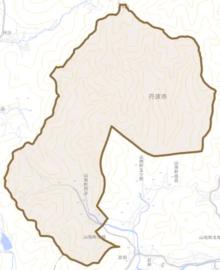 山南町西谷とその周辺の地図。町の範囲を重ねている
