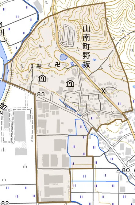 山南町野坂とその周辺の地図。町の範囲を重ねている