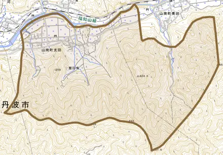 山南町太田とその周辺の地図。町の範囲を重ねている