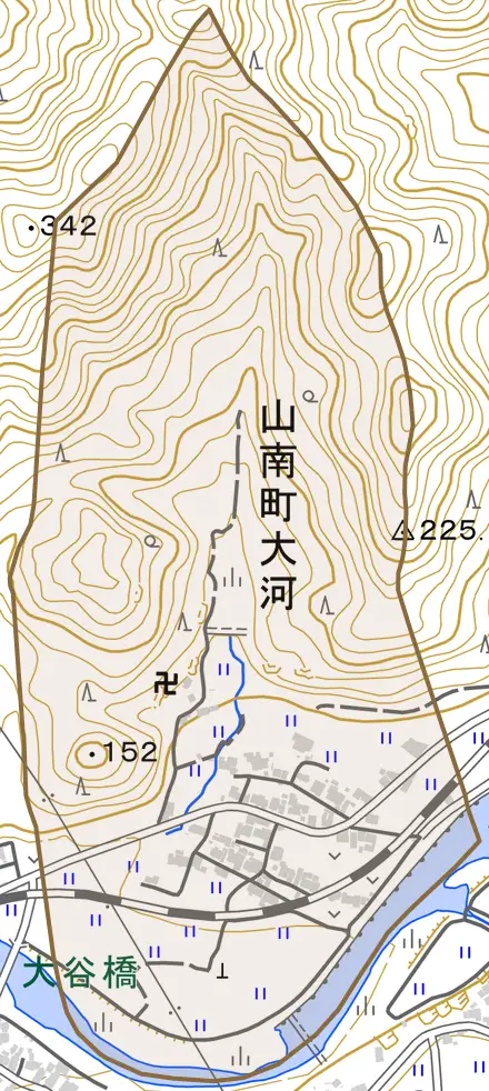 山南町大河とその周辺の地図。町の範囲を重ねている