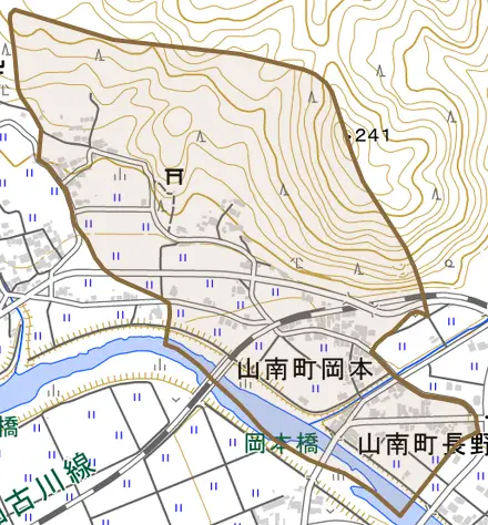 山南町岡本とその周辺の地図。町の範囲を重ねている