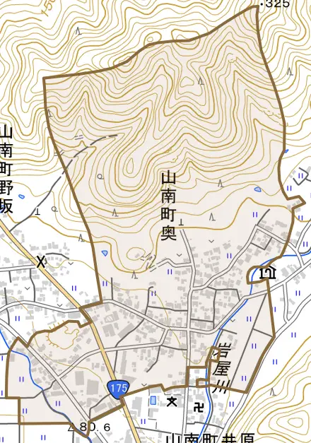 山南町奥とその周辺の地図。町の範囲を重ねている