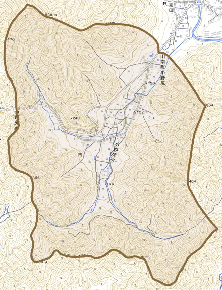 山南町小野尻とその周辺の地図。町の範囲を重ねている