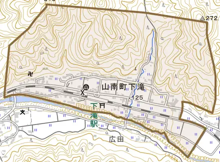 山南町下滝とその周辺の地図。町の範囲を重ねている