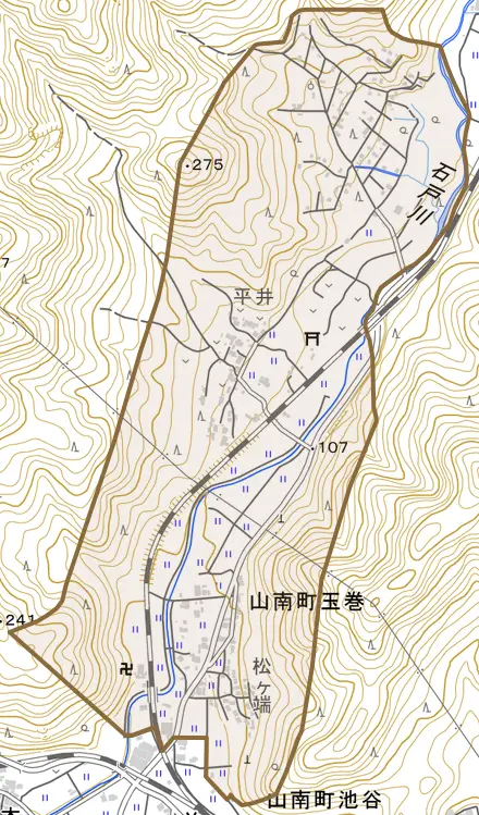 山南町玉巻とその周辺の地図。町の範囲を重ねている