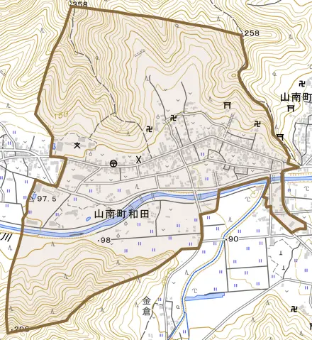 山南町和田とその周辺の地図。町の範囲を重ねている