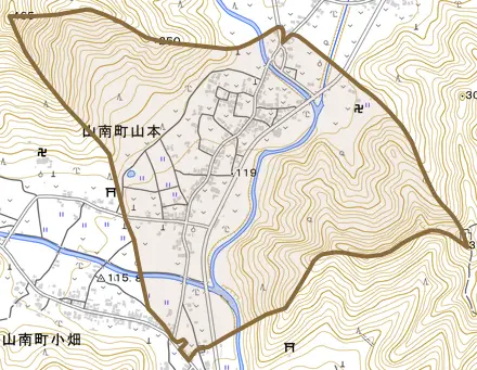 山南町山本とその周辺の地図。町の範囲を重ねている