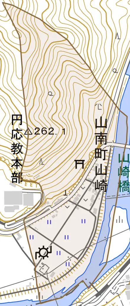 山南町山崎とその周辺の地図。町の範囲を重ねている