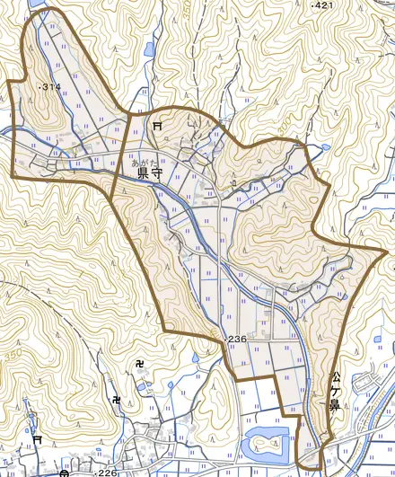県守とその周辺の地図。町の範囲を重ねている