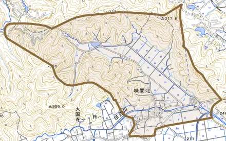 味間北とその周辺の地図。町の範囲を重ねている
