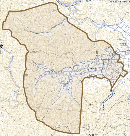 味間奥とその周辺の地図。町の範囲を重ねている