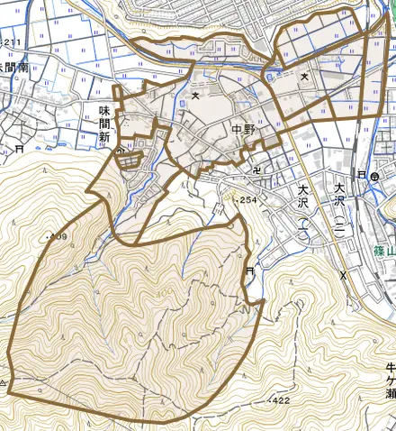 味間新とその周辺の地図。町の範囲を重ねている