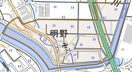 明野とその周辺の地図。町の範囲を重ねている