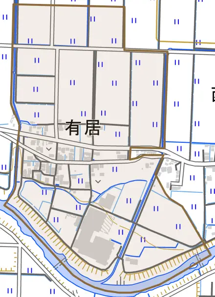 有居とその周辺の地図。町の範囲を重ねている
