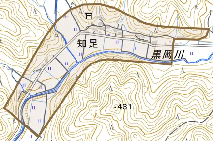 知足とその周辺の地図。町の範囲を重ねている