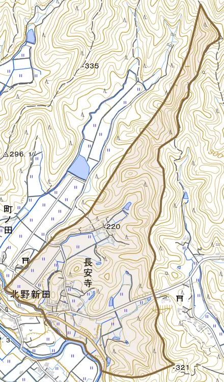 長安寺とその周辺の地図。町の範囲を重ねている
