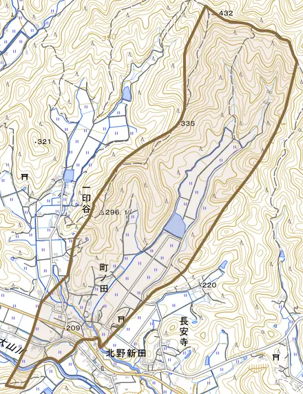 町ノ田とその周辺の地図。町の範囲を重ねている