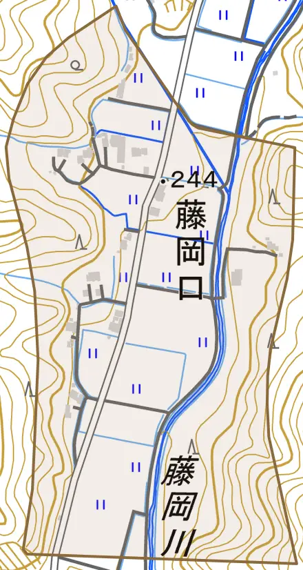 藤岡口とその周辺の地図。町の範囲を重ねている