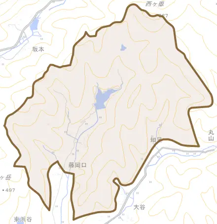 藤岡奥とその周辺の地図。町の範囲を重ねている