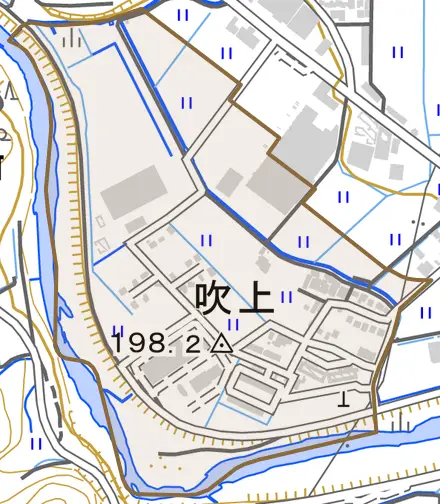 吹上とその周辺の地図。町の範囲を重ねている