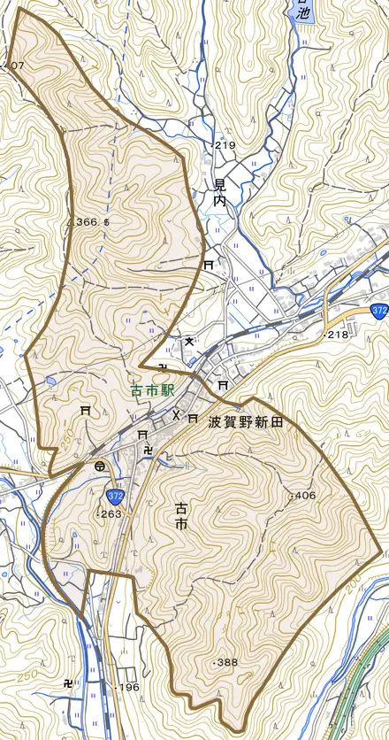 古市とその周辺の地図。町の範囲を重ねている