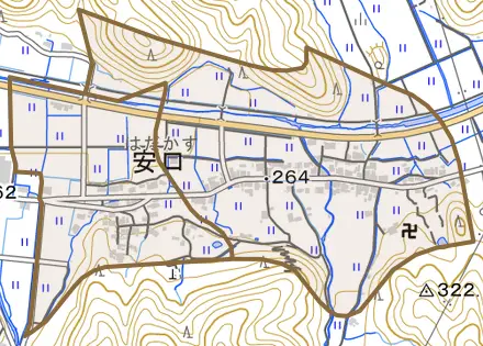 安口とその周辺の地図。町の範囲を重ねている