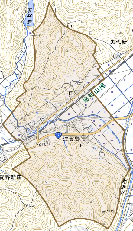 波賀野とその周辺の地図。町の範囲を重ねている