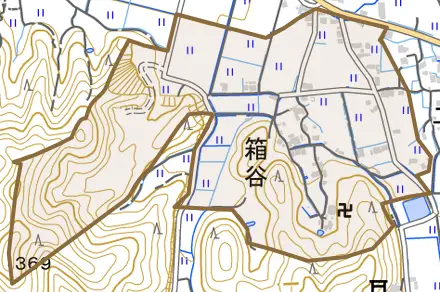 箱谷とその周辺の地図。町の範囲を重ねている