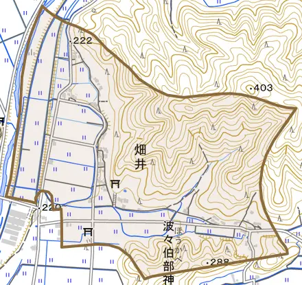 畑井とその周辺の地図。町の範囲を重ねている