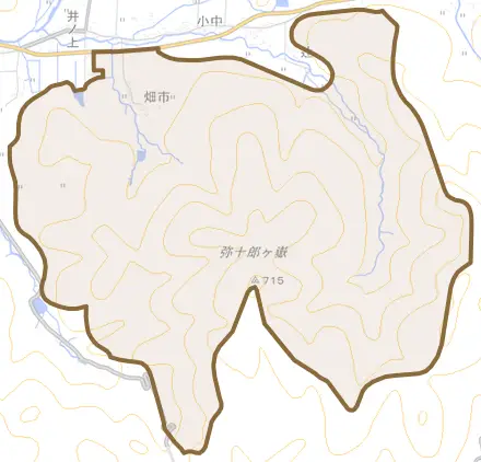 畑市とその周辺の地図。町の範囲を重ねている