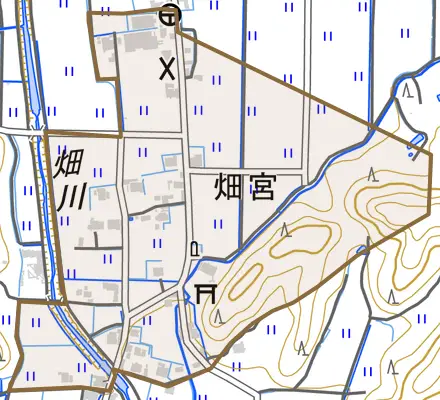畑宮とその周辺の地図。町の範囲を重ねている