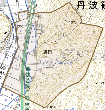 初田とその周辺の地図。町の範囲を重ねている