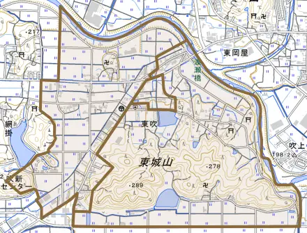 東吹とその周辺の地図。町の範囲を重ねている