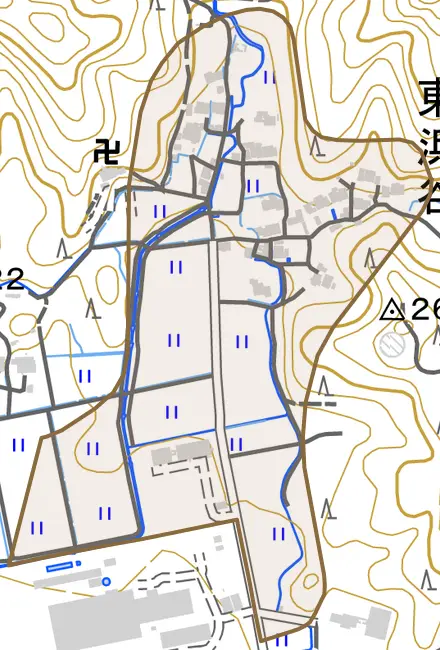 東浜谷とその周辺の地図。町の範囲を重ねている