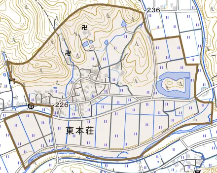 東本荘とその周辺の地図。町の範囲を重ねている